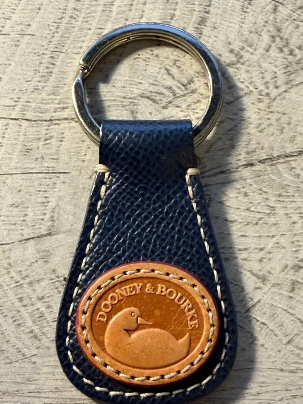Vintage Dooney & Bourke Navy Blue Leather Duck Key Fob Keychain Silver Tone Ring